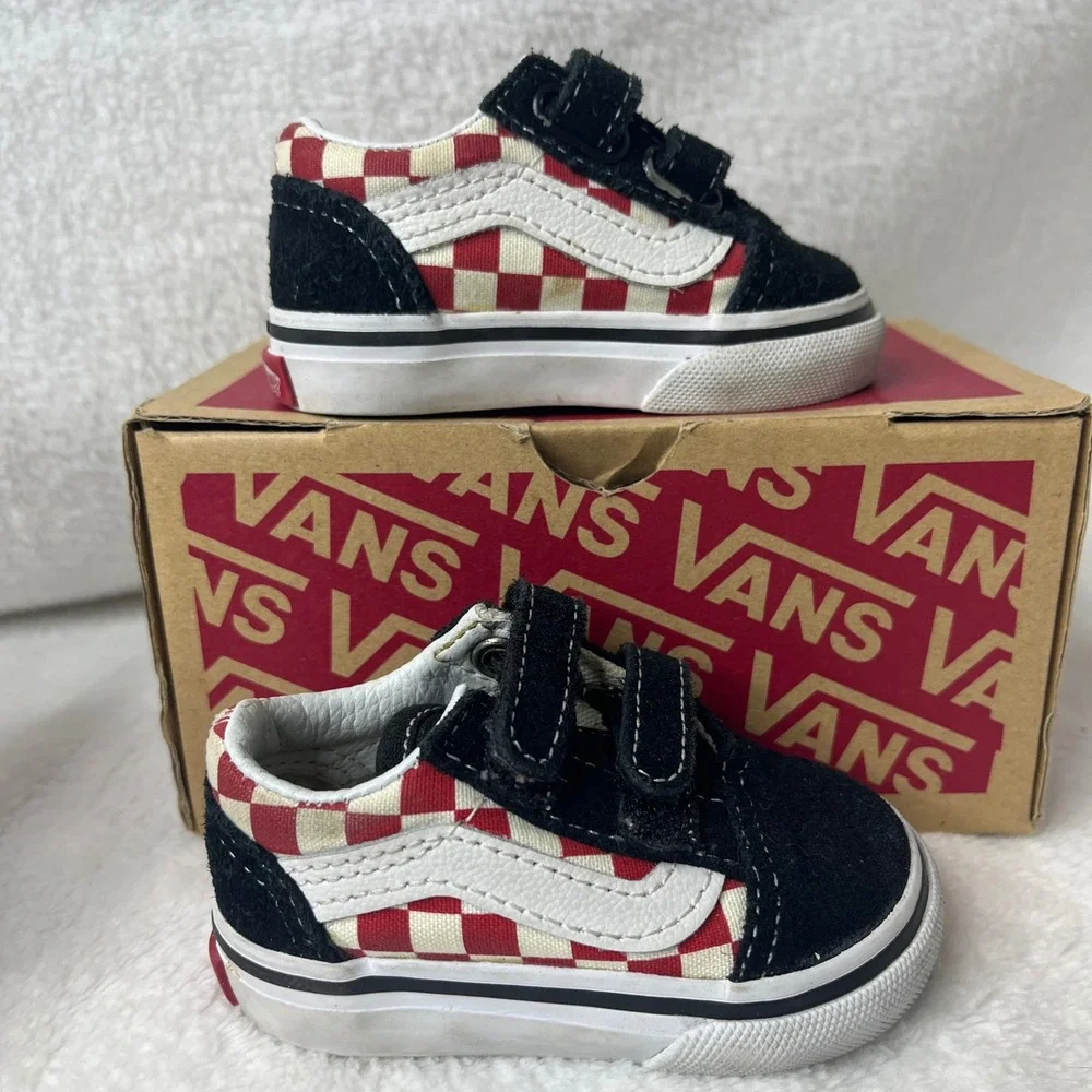 Toddler Vans Old Skool V Crib Shoes Red Checkerboard Black Suede Size 2‎